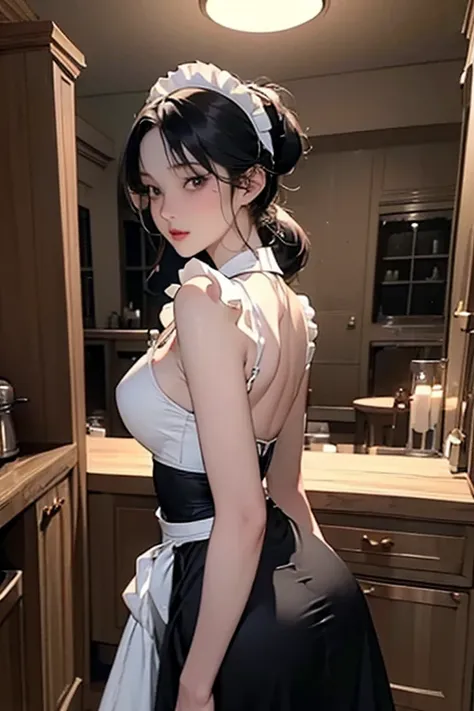 (masterpiece,  best quality, Realistic,  super high resolution ),  perfect body , (sexy maid outfit:1.5), Perfect digital illustration, Beautiful eyes, Blunt lips,  dark night ,  dark medieval mansion kitchen,  back view , Medium shot, ( Looking back with ...