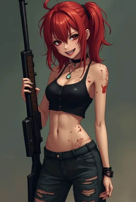 A female anime character, sharp teeth,  long and disheveled red hair, short and torn tank top ,  very loose pants Maltrapilha , Holding a Sniper Rifle,  smiling with a mischievous look