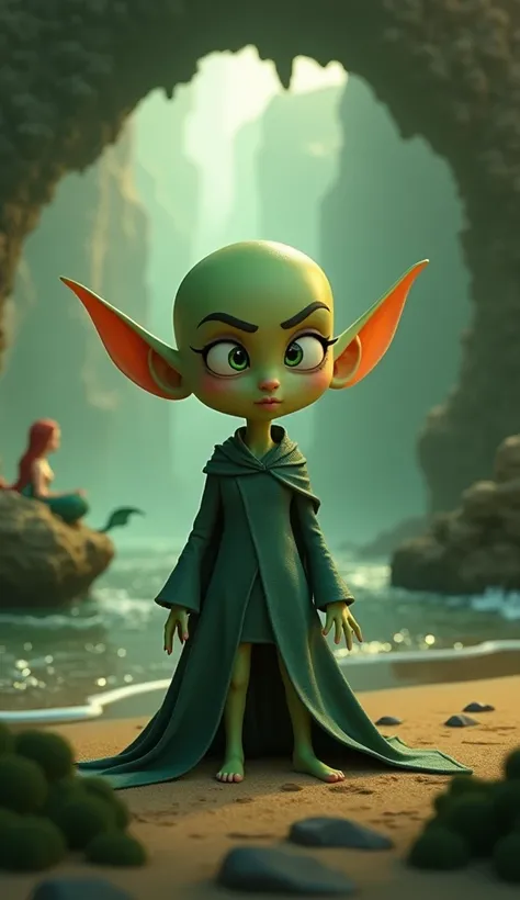 Bald green witch see from beach (a mermaid sitting on stone in the middle of sea) 3d animated 