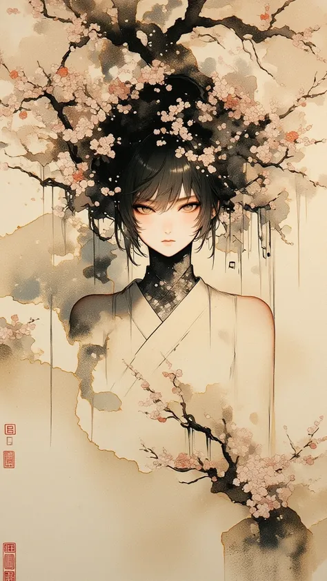 Ink Painting、Old paper texture、Damaged Paper、Old style、Faded colors、Close-up of face、A painting in which only the courtesan&#39;s eyes are visible as cherry blossoms fall across the entire screen、Blurred Painting