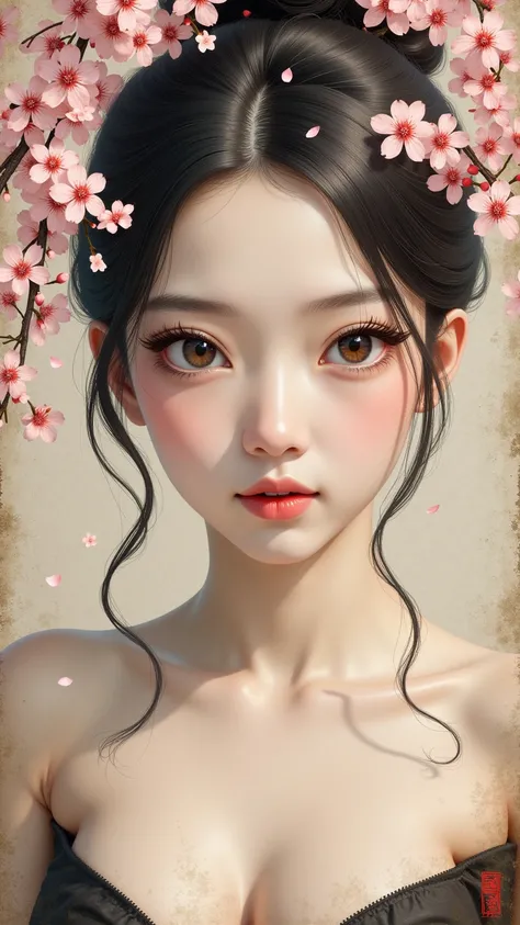 Ink Painting、Old paper texture、Damaged Paper、Old style、Faded colors、Close-up of face、A painting in which only the courtesan&#39;s eyes are visible as cherry blossoms fall across the entire screen、cleavage, Blurred Painting