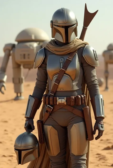  Mandalorian Female Star Wars with a desert background with robot bodies in the background, remains of a ship and a broken helmet from Stormtroper 