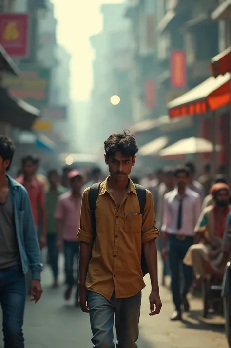 Indian 19 years boy Walking Through the Crowd: A bustling city street filled with people, all blurred in motion except for the main character. He walks slowly, his face expressing sadness and isolation, as everyone around him moves quickly and seems indiff...