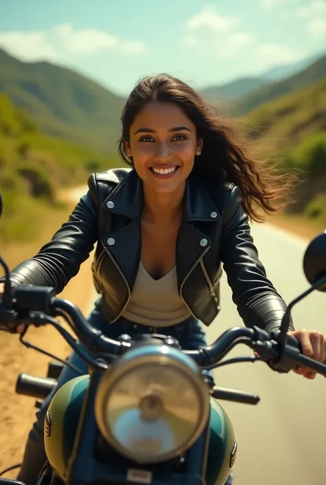 Image of a beautiful indian girl riding royal Enfield classic bike, wearing bike jackets with smile 