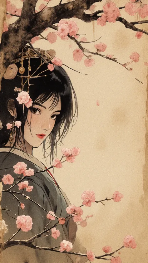 Ink Painting、Old paper texture、Damaged Paper、Old style、Faded colors、Close-up of face、A painting in which only the courtesan&#39;s eyes are visible as cherry blossoms fall across the entire screen、Blurred Painting