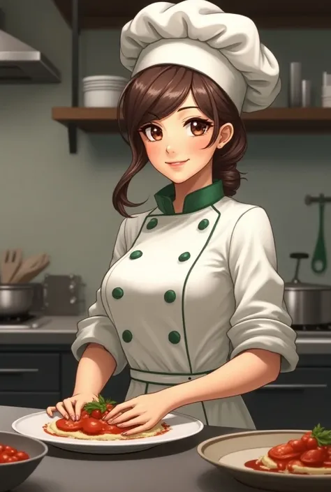 A chef with brown hair with her hair tied up who wears a pretty chefs hat and two locks on her face with brown eyes wearing a chefs uniform in white with green and a kitchen in the background 