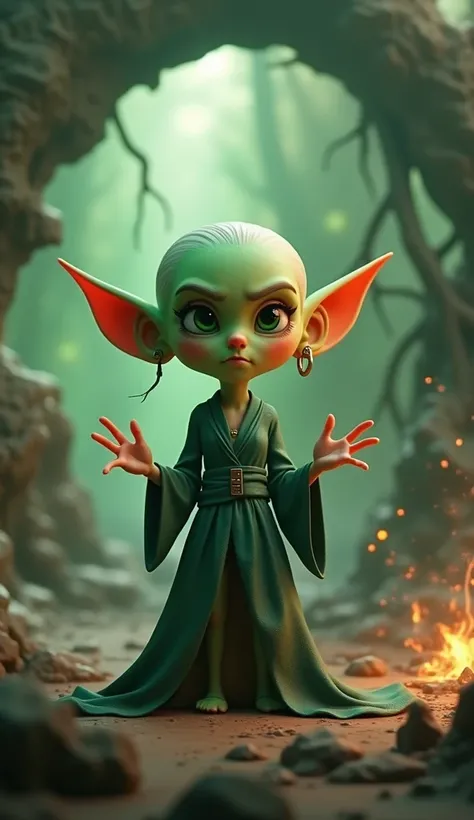 Bald green witch turn back 3d animated 