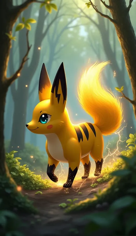 This hybrid combines the agility and cunning of a fox with Pikachu’s electric abilities. It has the sleek, nimble body of a fox, covered in golden fur with black lightning bolt patterns across its back. Its large, pointed ears can sense the faintest moveme...