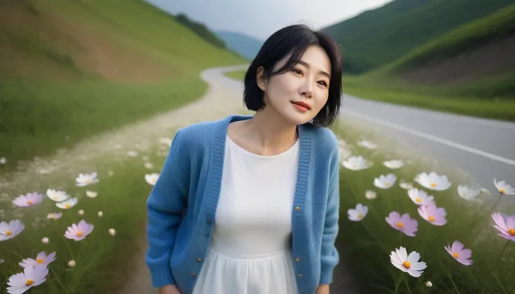 Beautiful 40 year old Korean woman.  raw photo , 1 woman,  A gorgeous mid-length blue cardigan over a white dress with lots of blooming cosmos, Standing on a narrow rural road with cosmos flowers blooming,  Reflects realistic flower moss flowers .  radiant...