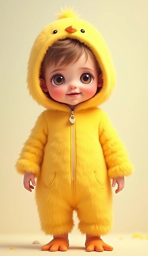 mini human puppy dressed in a yellow chick onesie