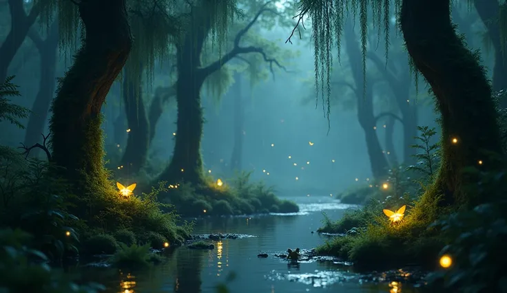  swamp forest atmosphere at night,night light,drizzle, moss tree ,wet, many fungal plants ,frog , cicada ,and night insects , firefly ,4k, hyper realistic ,HD,Super detail