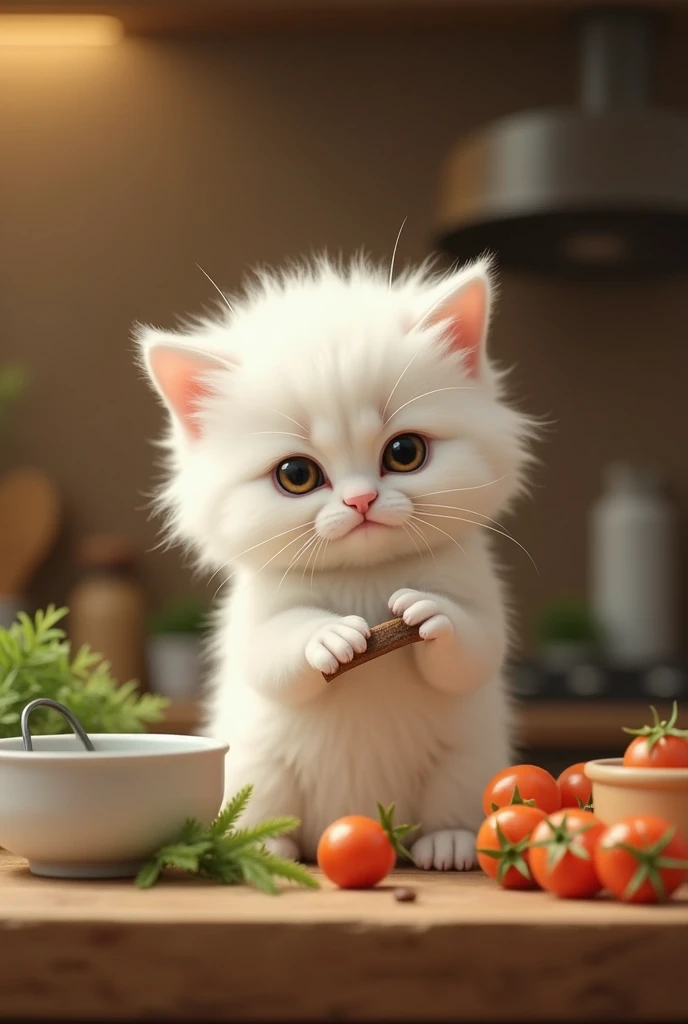 very、A tiny little white bushy kitten is cooking