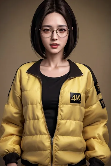 1girl, dark Brown hair, glasses, open mouth, small breasts, 152cm height, 27 years old, detailed face, yellow jaket , black t-shirt ,high resolution, photorealistic, japanese, masterpiece, (best quality, 4k, 8k, highres, ultra-detailed, realistic, photo-re...