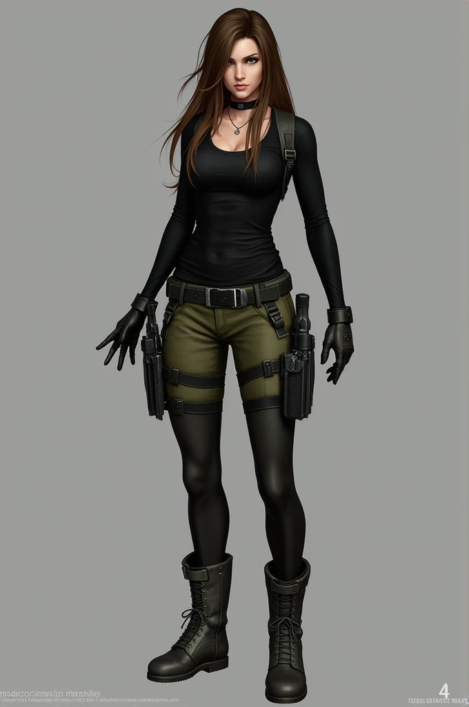  Create a new female character from Resident Evil 4 remake , Must have long brown hair , green eyes,  tight long sleeve black shirt , green shorts ,  carry weapons on his thigh ,  combat gloves and boots up to below the knees