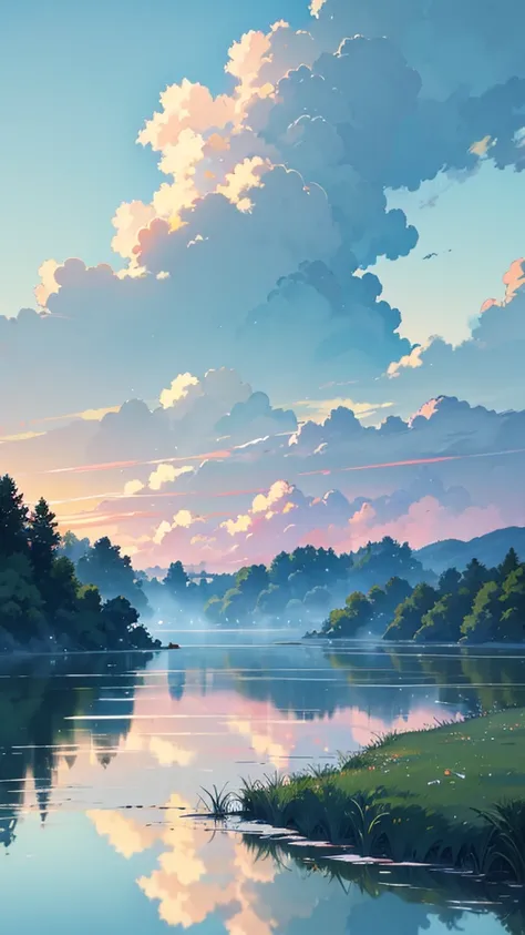 anime style illustration, lo-fi, spring lakeside, early morning, dawn, cuckoo, hototogisu, bird chirping, fresh greenery, misty lake surface, serene sky, natural harmony, vitality, regeneration, 285Hz