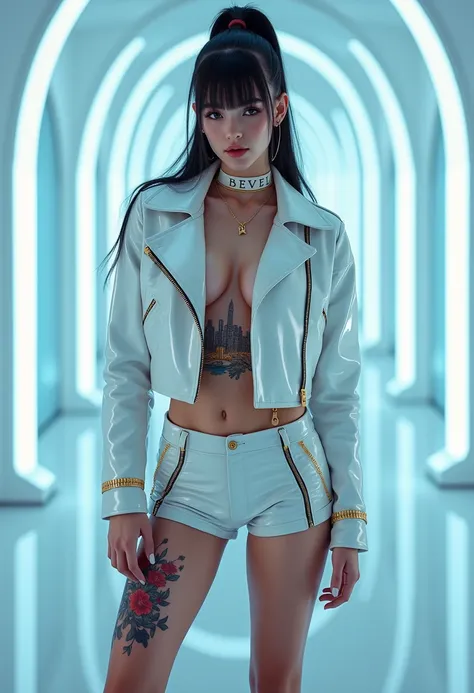 This photo is a high-resolution photograph featuring a person in a futuristic setting. The subject is wearing a white, glossy, patent leather outfit with a cropped jacket and matching shorts, both with gold zippers and detailing. The jacket is unbuttoned t...