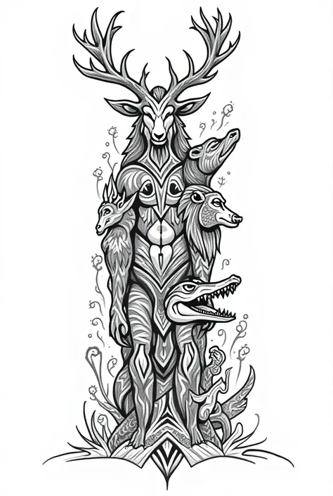 Tribal tattoo of a Toten with the head of a deer, a dog, a goat , A crocodile,a mono  