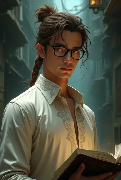 A super-intelligent 29-year-old man;  loves new things ;  loves mysteries ; suspicious look;  long brown hair,  tied back in a braid, but with wires escaping ; yellow eyes; square glasses; high; long white shirt; Fulfilled collar ,  going up to the knees a...