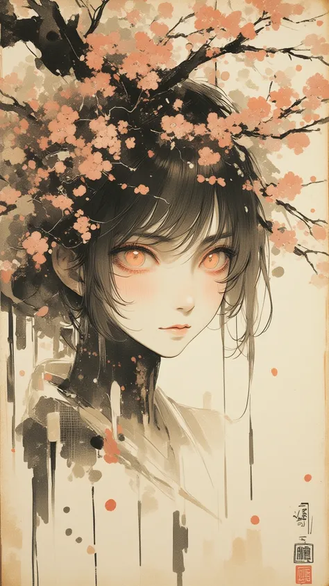 Ink Painting、Old paper texture、Damaged Paper、Old style、Faded colors、Close-up of face、A painting in which only the courtesan&#39;s eyes are visible as cherry blossoms fall across the entire screen、Blurred Painting