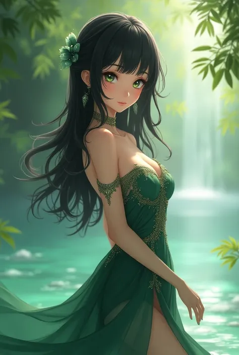 24-year-old anime woman , slender,  not so exaggerated breasts ,  dark and very dark jet hair, black hair color, green eyes.  She is dressed in a sexy goddess dress 