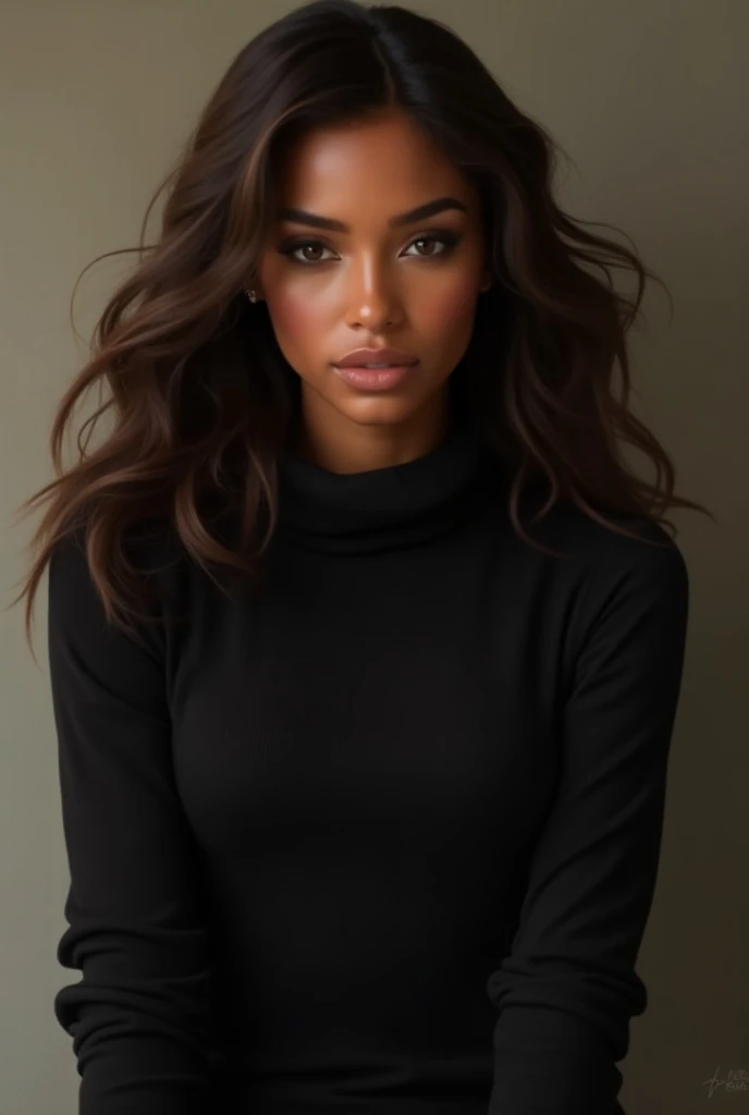 beautiful,  skinny mulatto girl with wavy long brown hair.  brown eye , in a black sweater