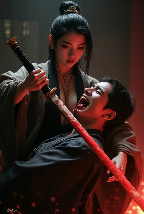 Hight quality, realistic, very beautiful woman shogun, cut throat a male blindfold, n eck bloody splash, neck slashed, throat contents, n eck wide open at the cut, boy mouth blood splashi ng, talk teks, boy full bondage