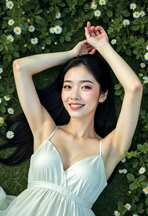 photo shoot, Realistic,   Wong Kahwai Movie  ,  cowboy shot,   from a top down shot of a beautiful Asian woman lying on the ground with grass and small flowers,  Shes Smiling Shyly  ,  She raises her arms  ,  Smooth Underarm Skin  , Beautiful Makeup,   She...