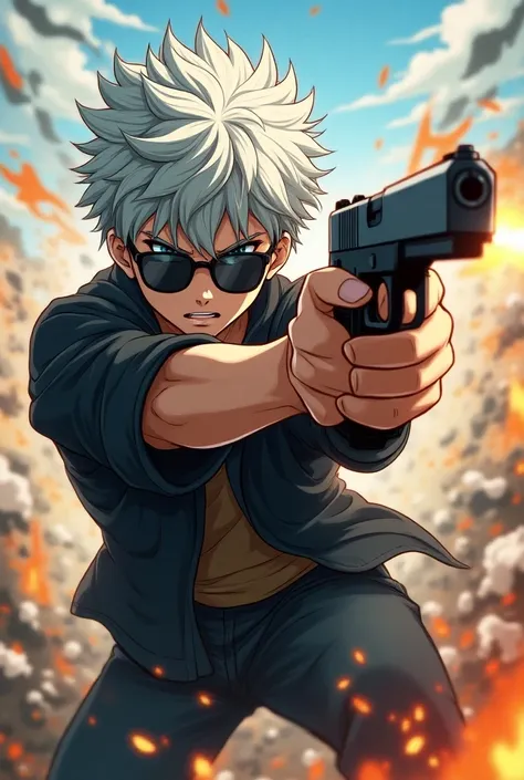 silver haired boy in the middle of the shooting grabs a gun to start shooting, sunglasses, fume, anime style, speed lines, anatomically correct, best quality, UHD