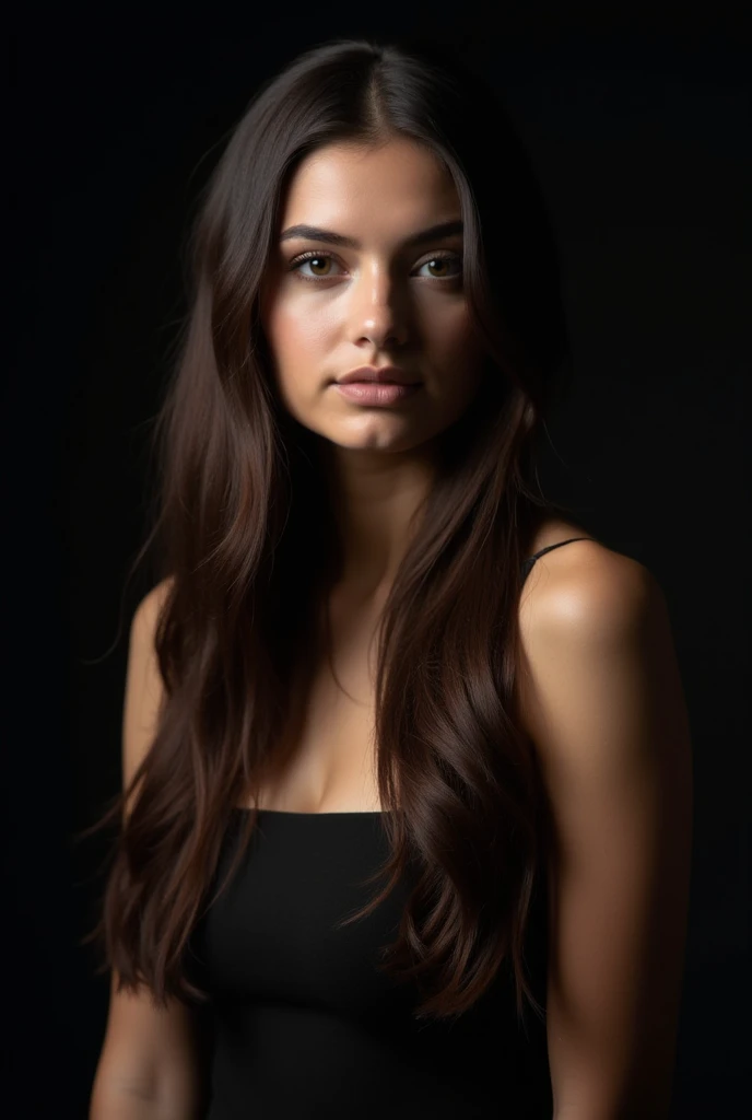 a young woman with long dark brown hair, beautiful young woman wearing dress, dark background, perfect lighting