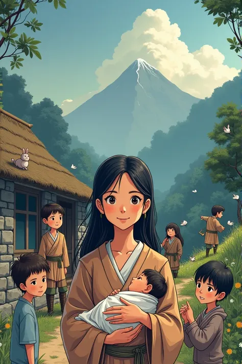  The Birth of the Hero

Description :  In a mountainous village ,  the soft morning light crosses dark clouds , creating a dramatic contrast. in the center of the image, a young mother ,  with big and expressive eyes typical of the manga style ,  holds you...