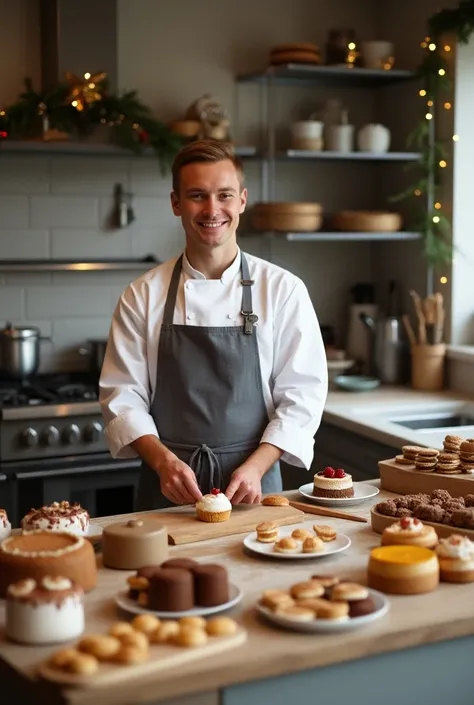 Realism，photography： spacious kitchen，Beck ，dessert展示，cake，dessert，biscuit，Russian,  pastry chef in work clothes , Smile, Stand Up Straight，Christmas atmosphere