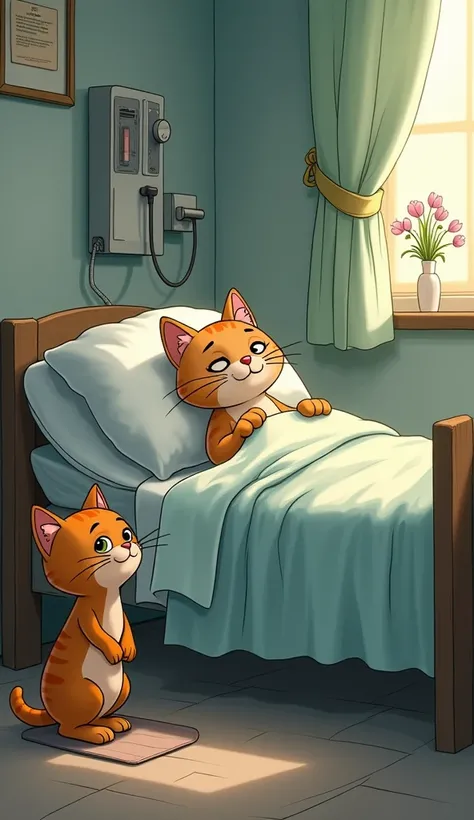 Create an image where an elderly cat ,is in a hospital bed,very sick,  and an idiotic cat stand by your sad side . disney