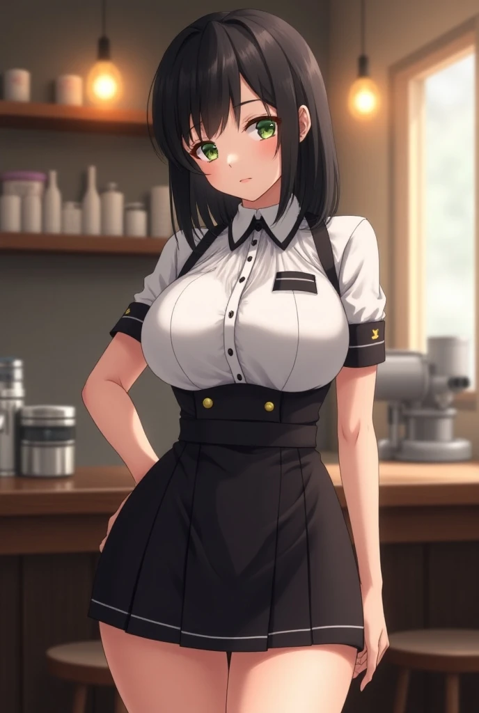 24-year-old anime woman , slender, exaggerated breasts, shoulder-length hair, of a dark and very dark jet color, black hair color, green eyes. She is dressed as a short waitress 