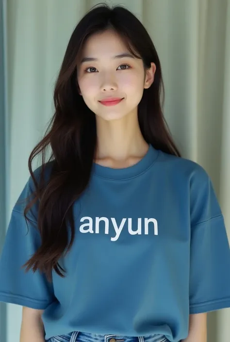 Beautiful Korean woman wears blue t-shirt short jeans long straight hair her shirt has the inscription ANYUN, Front facing camera gentle smile .