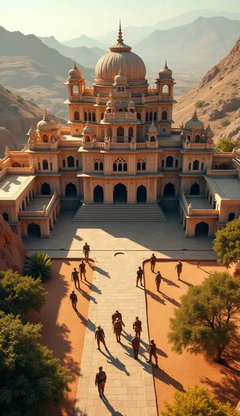 A grand palace in Rajasthani environment with many soldiers standing around it, 3d,  drone shoot