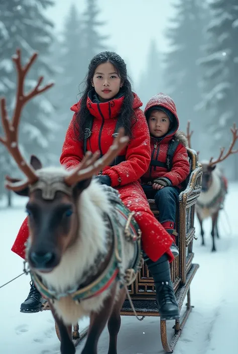 beautiful 30 yr old girl wearing  red jacket,  A boy right beside him, riding on sligh, while many reindeers pulling it, with a cyberpunk armored design, ang a lots of cybertech design & toys, with christmas background, winter illuminating light effects at...