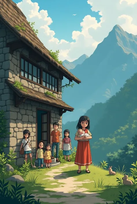  The Birth of the Hero

Description :  In a mountainous village ,  the soft morning light crosses dark clouds , creating a dramatic contrast. in the center of the image, a young mother ,  with big and expressive eyes typical of the manga style ,  holds you...