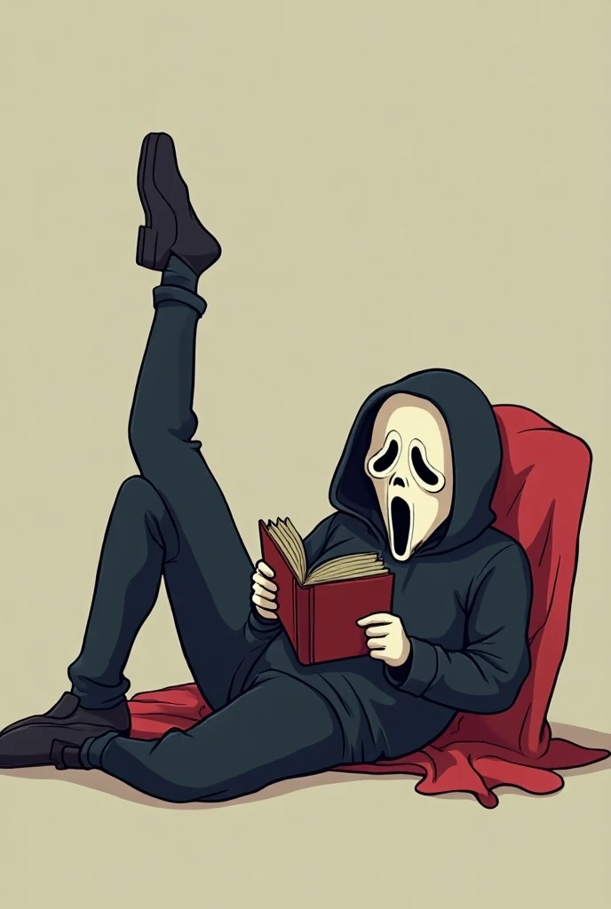 Ghostface from Scream laying on his stomach reading a book with one leg in the air like a teen girl reading a dirty book make it cartoony