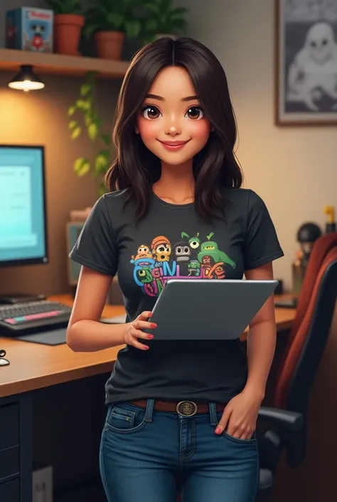 Create an image of a young woman, 26 years old, with a mix of Asian and Latino features. She has a light olive complexion, straight dark brown hair, and almond-shaped brown eyes. Mei-Lin is dressed casually but stylishly in a geeky-themed t-shirt, jeans, a...