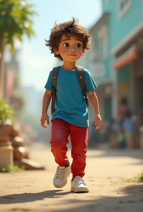 blue shirt, red pants, and white sneakers  boy His curiosity sparks, and he decides to embark on a journey alone.