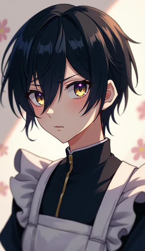 Black Hair, Odd Eye, Slanted Eyes, Anime Style,  golden eyes,  purple eyes, male，Maid uniform