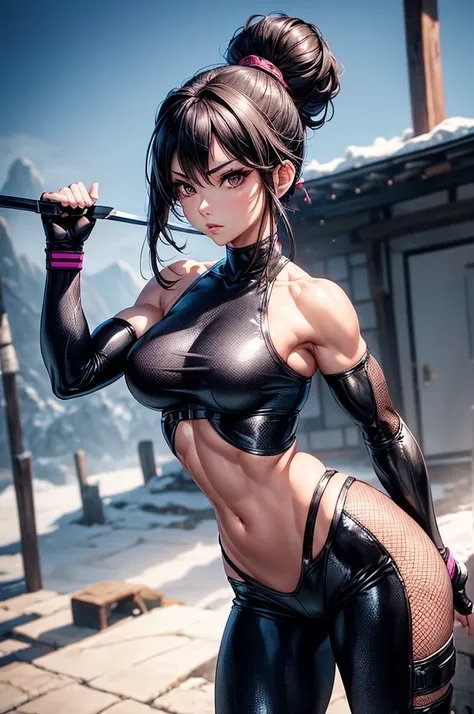 8k portrait (full body), photo realistic, realistic skin texture, super-realism illustration of a Kunoichi, black hair (long tied in a bun); tall, toned body, (female body fitness muscle, perfect tummy, slim waist, wide hips : 1.4), action pose, (masterpie...