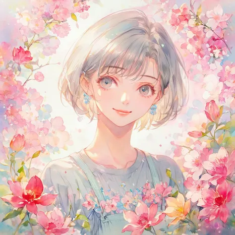 a beautiful girl,(Shiny silver hair), (wave bob cut:1.2),(Large Breasts, athlete, long eyelashes), (soft gray lib knit tops and black mini skirt), (gentle smile),(soft smile),Light blush, gentle gaze, (graceful flower garden), (hyper-realistic dewy skin, u...