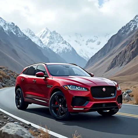 Create a detailed image of a Jaguar F-Pace in a deep, rich red color with black accents. The car should be parked in a luxurious setting, a scenic mountain road in ladakh 