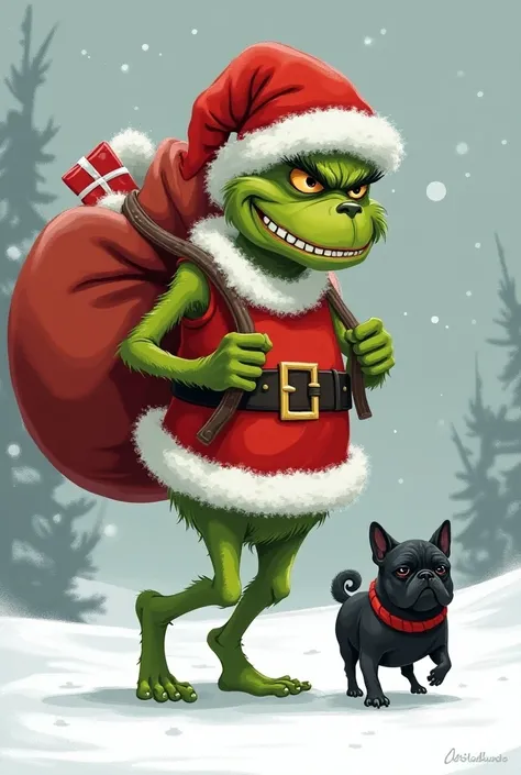 The Grinch disguised as Santa Claus walks carrying his gift bag behind a black pug dog 