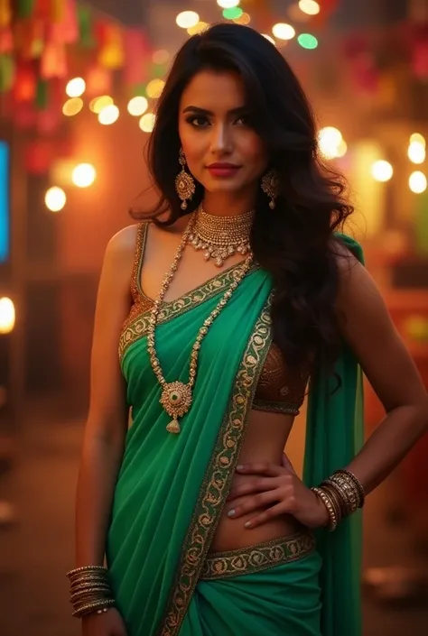 Ana de armas wearing green lilac colour saree and ethnic jwellery big breast half body pose, dipawali background 

