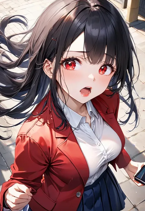 (up view from above. style), (hand holding a iPhone), (Talking on iPhone), lookup to sky, 
(beautiful hime-cut)
(beautiful black hair delicate long hair),
(immensely cool beauty girl) (age 18), (beautiful cool red eyes)
((make up face, glossy lip)), (angry...