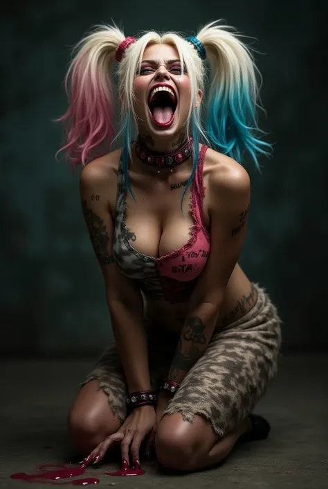 Harley Quinn on her knees panting heavily as shr transfoms into a hyena. She is wearing a tight, tattered shirt that reads, "Make me your bitch". Hyena ears, hyena teeth, hyena tongue, hyena paws, 1girl, Solo, Long Hair, Blonde Hair, Twintails, pink and bl...