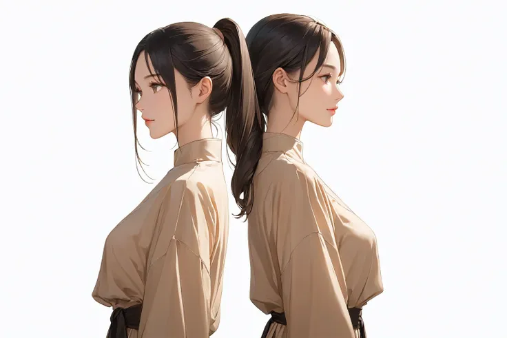 A waist-up side view of a semi-realistic anime-style woman, aged 23, facing left. Her long, sleek dark hair is styled in a half-ponytail, with the upper part elegantly tied back while the rest cascades over her shoulder. Her warm tan skin with a golden und...