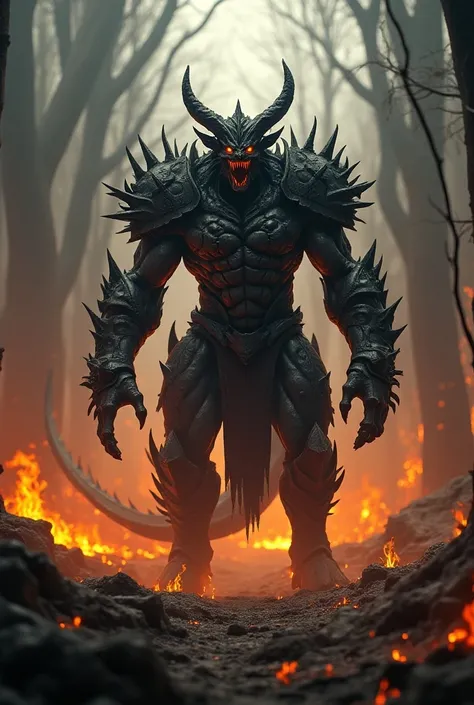 A demon wearing draconic armor in a flaming forest 